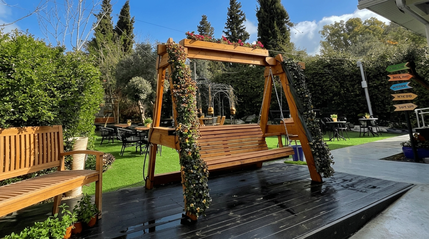 גינת שאשא בירושלים — ישיבה בחוץ תחת עצי הזית